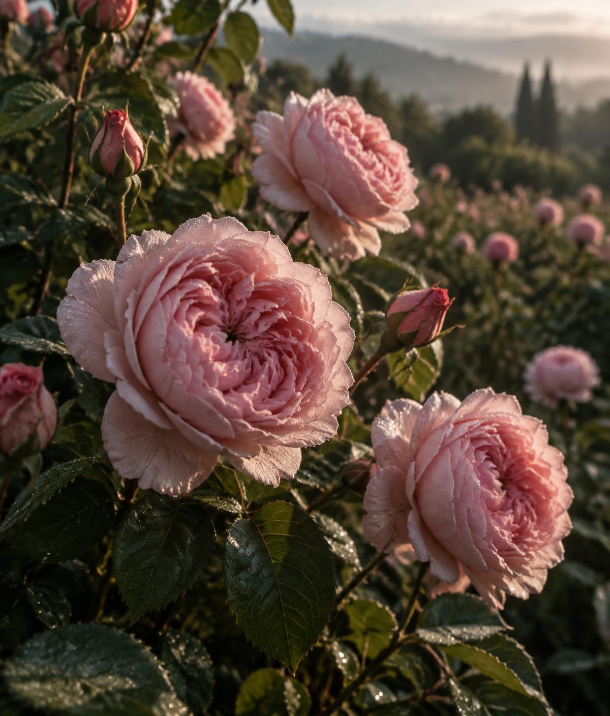 Damask roses blooming in a field